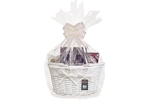 H-LINE Make Your Own Gift Hamper Kit - Basket with Handles Cellophane Wood Shred Bow Set - Ideal for Christmas Easter Christening Wedding Baby Shower or Birthday Gift (White, Oval)