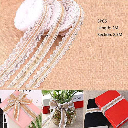 Lady of Luck 3 Pezzi Rotoli di Nastri di Pizzo in Iuta di Tela Naturale Rotoli di Nastro di Tela di Iuta con Pizzo con Pizzo Bianco per Il Fai da Te Pizzi Fatti a Mano del Mestiere