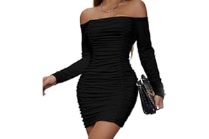 Belriviere Womens Sexy Mini Dress Bodycon Ruched Off The Shoulder Long Sleeve Short Dresses for Party Night Out Clubwear