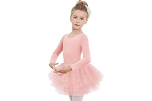 Arshiner Ballettkleidung Mädchen Tanzkleid Kinder Langarm Ballettkleid Baumwolle Ballettanzug Glitzer Balletttrikot Tanzbody mit 4-lagiges Gestuftes Tütü Rock 2-10 Jahre