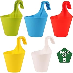Ocean Mart Plastic Hanging Planters 5 Pcs (8 Inch, Multicolor) | Flower Hanging Pots for Home & Balcony Garden | Hanging Planters for Home Plants | Hooked Hanging Pots