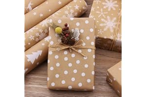 BSEICAL Carta Da Regalo Natalizia Vintage, Carta Regalo Natale Rotolo, Carta Da Regalo Natalizia Kraft, Set Pacchi Regalo Natale Elegante Pois Marrone Riciclata 44 * 300cm 5 Rotoli Kit
