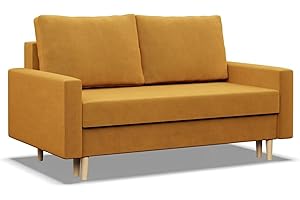 ‎MEBLIGO Mebligo - Sofa mit Schlaffunktion und Bettkasten Blank, 2 Sitzer Sofa 152 cm Breit, Schlafsofa, Ausziehbares Couch auf Holzfüßen, Schlafcouch - Gelb