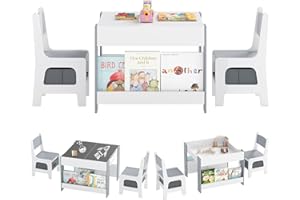 COSTWAY Juego de Mesa y Sillas Infantil, Mesa de Actividades 4 en 1 para Niños con Superficie Reversible, 2 Estantes para Libros y Cajas de Almacenaje (Gris,con Estante y Tablero Empalmado)