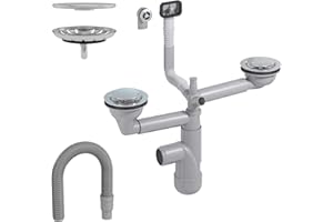 LAXARA Flexlok Siphon télescopique pour évier de cuisine peu encombrant | Flexibilité universelle avec plastique recyclé | Couvercle magnétique pour panier à tamis avec | (Flexlok 2 bacs)