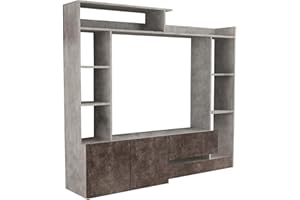 Cosma Parete attrezzata soggiorno mobile base porta tv zona living relax moderna con pensili e ripiani di colore Grigio effetto cemento e Grigio scuro effetto cemento mod. Entry