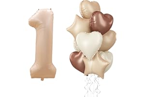 GOVPY 40 Inch Number 1 Balloon Decor, Cream Brown Foil Neutral Heart 1 Balloons with Taupe Star Helium Balloon for Girls Boys 1st Birthday Anniversary Baby Shower Party Boho Decoration Supplies