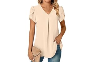 L9WEI T-shirt en mousseline pour femme - Manches courtes - Élégant - Col en V - Couleur unie - Haut ample - Confortable