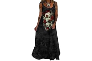 each women Womens Punk Baggy Shirt Dress Ladies Rose Skull Plus Size Dresses Strapy Floor Length Casual Maxi Dress