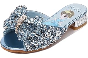 Monissy Princesse Fille Chaussures à Talon Haut Pantoufle Argenté Paillette Noeud Elsa Badge Semelle Elsa Imprimé Reine des Neiges Sandale Bouche de Poisson Noël Halloween, Bleu, 28