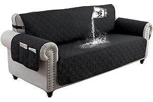 DSECHCRSL 100% Waterproof Sofa Slipcover 3 Seater, Non Slip Sofa Covers with 6 Pocket for Kids, Pet, Dog, Machine Washable Settee Covers with Adjustable Elastic Straps, BLACK