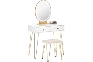 ‎HOMCOM HOMCOM Schminktisch Set Frisierkommode Kosmetiktisch mit Einstellbarer LED-Beleuchtung Spiegel gepolsterten Hocker 2 Schubladen und 1 Lippenstiftraster MDF Stahl Schaumstoff Weiß 80 x 40 x 136 cm