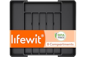 Lifewit Cutlery Drawer Organiser, Extendable Cutlery Tray, 8 Compartments, Kitchen Drawer Organiser Utensil Spoons Forks Knives, Medium, Black