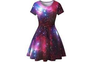 Ocean Plus Damen Sternenhimmel Digitaldruck A-Linien Kurzarmkleid mit Rundhalsausschnitt Kurzärmliges T-Shirt Kleid Swingrock Schaukelrock