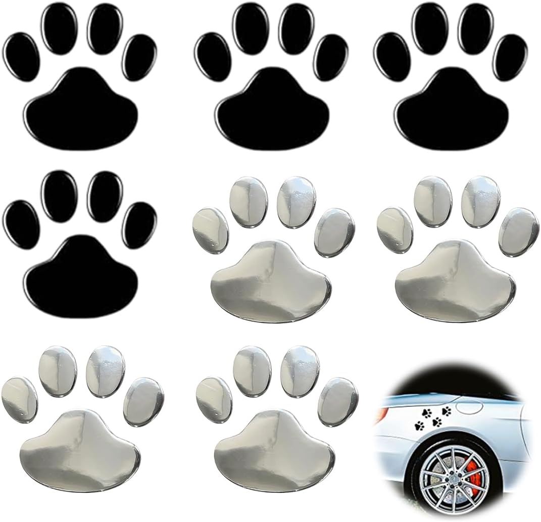 VAEIORP 8 Pcs 3D Pegatinas de Huellas de Perro para Coche, Emblema Decorativo Exterior, Adhesivos de Huellas de Mascota para Decoración de Vehículos (Plata, Negro)