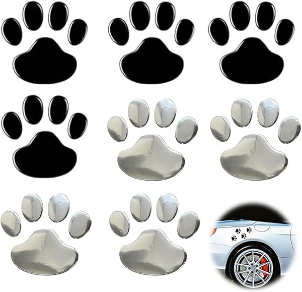 VAEIORP 8 Pcs 3D Pegatinas de Huellas de Perro para Coche, Emblema Decorativo Exterior, Adhesivos de Huellas de Mascota para Decoración de Vehículos (Plata, Negro) - 1