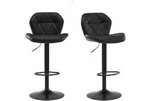 HNNHOME Set Of 2 Modern Luna Padded Swivel Height Adjustable Faux Leather Breakfast Kitchen Barstools Chairs (All Black, Faux Leather)