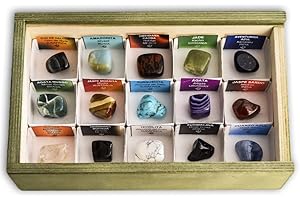 MINERALES Y FOSILES NANO Colección de 15 Piedras Semipreciosas Rodadas 3 en Caja de Madera Natural - Minerales pulidos con Etiqueta informativa a Color. Pack de rodados para Reiki, meditación, coleccionismo.