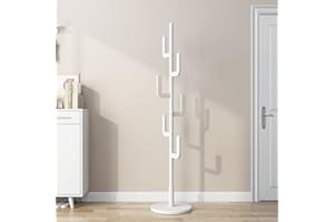 KungFuWood Appendiabiti da Terra, Appendiabiti da Ingresso Legno Design Unico del Cactus con 6 Ganci, Robusto e Facile da Montare, per Corridoio, Camera da Letto e Ufficio (Bianco)