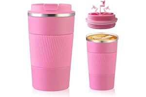 Senshuomy Travel Mug, Insulated Coffee Cup with Leakproof Lid, Reusable Coffee Cups Travel Cup, Stainless Steel thermaol Mug for Hot Cold Drinks (Pink 380ml)