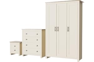 Nera 3 Piece Bedroom Furniture Set 3 Door Wardrobe Set Chest of Drawers and Bedside Cabinet Bedroom Storage (Cream on Oak)