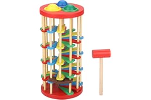 MOUNTTU Ball Drop Toy, Wooden Ball Drop Tower with Swirling Ramps, Hammer & 3 Balls, Educational Montessori Gift Toy for Babies Toddlers 3 Years Old Pound a Toys for Toddlers 1- Tower