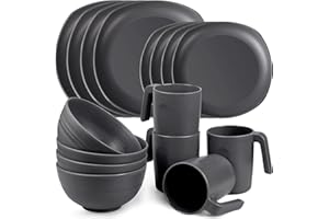 Greentainer Unbreakable Lightweight Dinnerware Sets, Plastic Dinner Set, 4 Dining Plates, 4 Bowls, 4 Cups, Microwave and Dishwasher Safe, Camping Tableware for Kids and Adults, Service for 4(Grey)