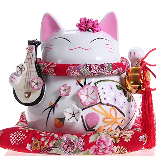 Goodwei Maneki Neko Winkekatzen-Figur mit Laute, aus Porzellan