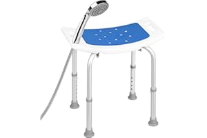EUGAD Duschhocker höhenverstellbar, Duschstuhl, Anti-Rutsch-Füße Griffe, Duschsitz, Badesitz, mit Duschkopfhalter, für Senioren Schwangere, aus Aluminium Kunststoff, 40-53,5 cm, Weiß Blau