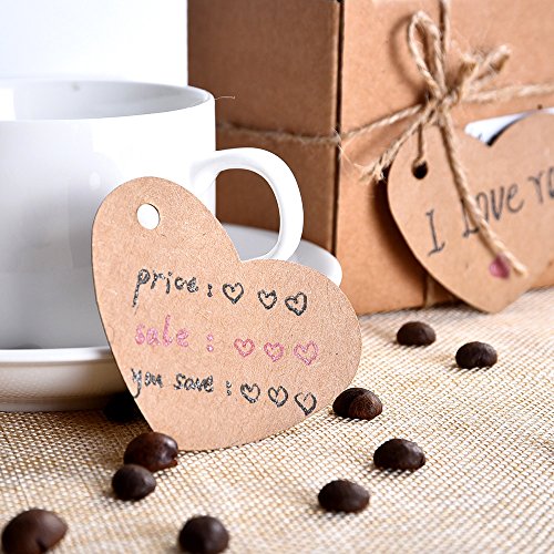 confronta il prezzo 100 Pezzi Etichette di Carta Targhette per Regali Cartellini per Matrimonio a Forma di Cuore con Iuta Spago, Marrone miglior prezzo