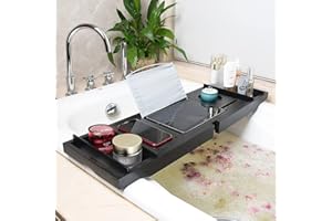 XUANYU Plateau de Baignoire Extensible Pont de Baignoire Bois Etagère à Baignoire Réglable en Longueur 70 à 105 cm, Noir