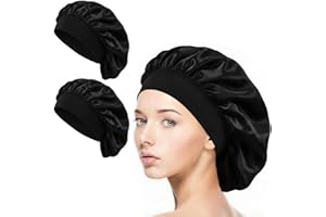 LABUYI Lot de 2 Bonnets de Nuit en Soie - pour la Nuit - pour la Nuit - pour protéger Les Cheveux - Bonnet de Sommeil en Satin - Bonnet de Sommeil pour Dormir - Noir