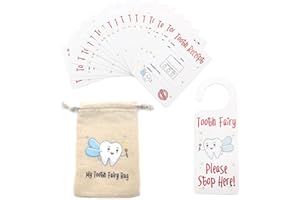 SHIGKEU Tooth Fairy Bag Set with 20 A7 Size Tooth Fairy Certificate Cards and 1 x Door Hanger The Tooth Fairy Gift