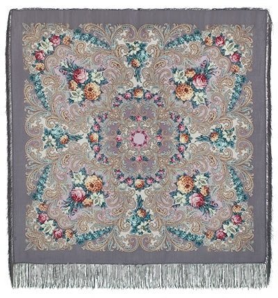 Tuch Trachtentuch grau 125 x 125 aus Wolle mit Fransen aus Seide – edle russische Wolltuch – Pawlow Possad – Stola – Kopftuch – Original – Павлопосадский шерстяной платок с шелковой бахромой – 607 - 2