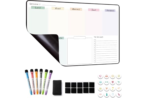 MCCORL Calendrier Magnetique Organisateur Tableau Frigo, Planning Semaine Magnetique, Planificateur de Menus/Repas, Planificateur Hebdomadaire, 42×28cm effacable en Français