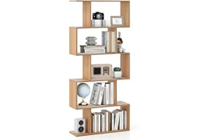 SFAREST 5/6 Tier Bookcase, Wooden S-Shaped Bookshelf, Freestanding Shelving Display Storage Organizer Unit for Living Room Study Room Office (Natural, 70 x 24 x 158cm)
