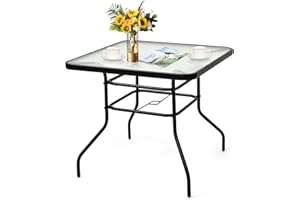 GIANTEX Table de Jardin Carré, Table de Bistro avec Plateau 81 x 81 cm en Verre Trempé, Trou de Parasol, Cadre en Métal Laqué pour Balcon, Terrasse, Jardin (Carré)