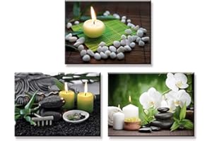 Piy Painting Tableau Artistique Moderne Spa Bougie en Pierre Zen Relax Impression Giclée sur Toile Tendue sur Châssis en Bois Prêt à Accrocher Déco d'art Murale pour Salle de Bain Cadeau 3X 30x40cm
