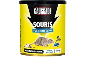 Caussade Anti-Souris - Forte Infestation - Lieux secs & humides - 10 Sachets pâtes - Prêt à l'emploi - Une Ingestion Suffit - Fabriqué en France - 100g - CASAPT10N