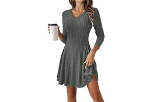 GUCURIN Tricotée Robe Femme Hiver Col en V Robe Pull A Ligne Chic Élégant Manche Casual Longue Bureau Décontracté pour Fête
