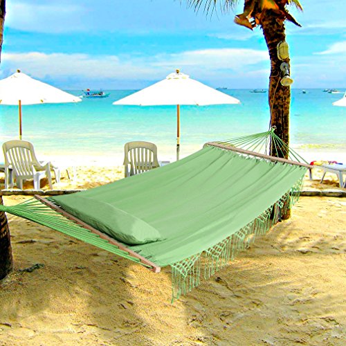 Holifine Doppel Hängematte Mehrpersonen Stabhängematte mit Fransen, 200 x 150 cm, belastbar bis 150 kg, Grün - 8