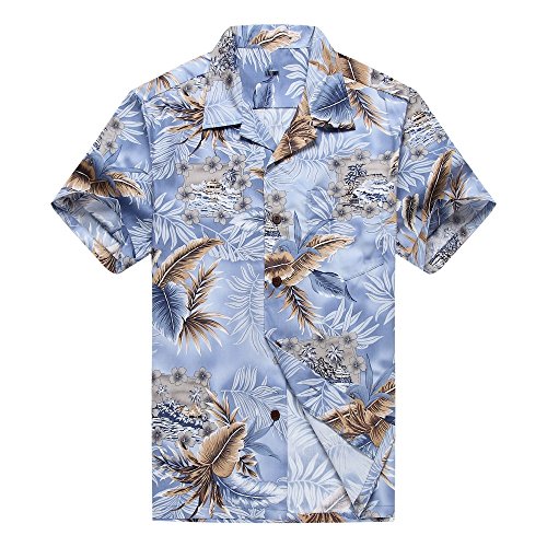 Hombres Aloha camisa hawaiana en Hoja Azul y Gris M