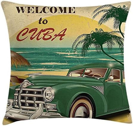 fringcoook Retro Throw Pillow Cushion Cover, Nostalgic Welcome to Cuba Artsy Print with Classic Car Beach Ocean and Palms, Decorative Square Accent Pillow Case, 18 X 18 Inches, Green Cream Yellow