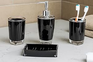 Fingey Modern Design 4 Piece Bathroom Accessory Set, Soap Dish, Tooth Brush Holder, Soap Dispenser, Rinse Cup (Black)