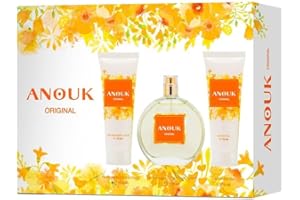 ANOUK - Original, Perfume 100 ml + Gel Baño 75 ml + Loción Corporal 75 ml, Estuche Regalo de Mujer, Pack Anouk 3 Pieza, Floral, Frutal y Fresca, Elegante y de Larga Duración