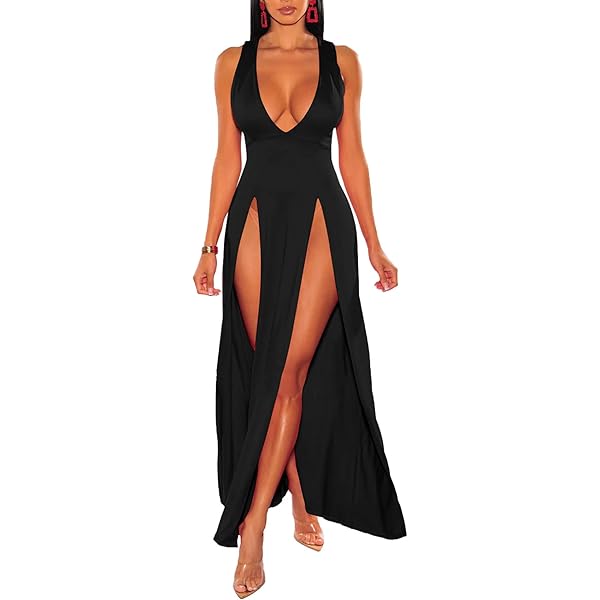 velius double split halter dress Women Sexy Hollow Out Wrap Sleeveless Plain Pleated Slit Casual Long Maxi (Small, Black) : Buy Online at Best Price in KSA code_extra
