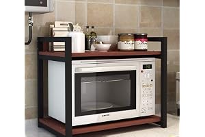Everline 22600 D Series (2-Layer) Microwave Stand, Kitchen Platform Oven Stand Rack, Toaster Organizer with Storage Shelf Wood and Metal (Walnut Brown and Black Frame) Floor Mount, Tiered Shelf