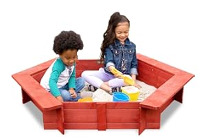 Sportspower WP-692-6 Hexagonal Sandbox Outdoor Playset for kids to build sandcastles, Wooden Play Sandpit for Children Outdoor Fun, Includes Cover and Ground Liner