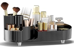 Feibrand Makeup Organiser Cosmetics Organiser,Makeup Organiser Storage with 360-Degree Rotating Brush Holder Beauty Organiser-Ideal for Dressing Table,Bathroom,and Bedroom-Sleek Black