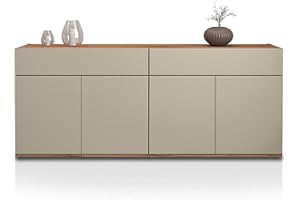 WHOUS Credenza e Buffet GARDA per Soggiorno con 2 Cassetti e 4 Ante, Madia per Salotto, Cucina e Sala da Pranzo in Legno, 160,1x35x70 cm, Tortora Opaco e Rovere